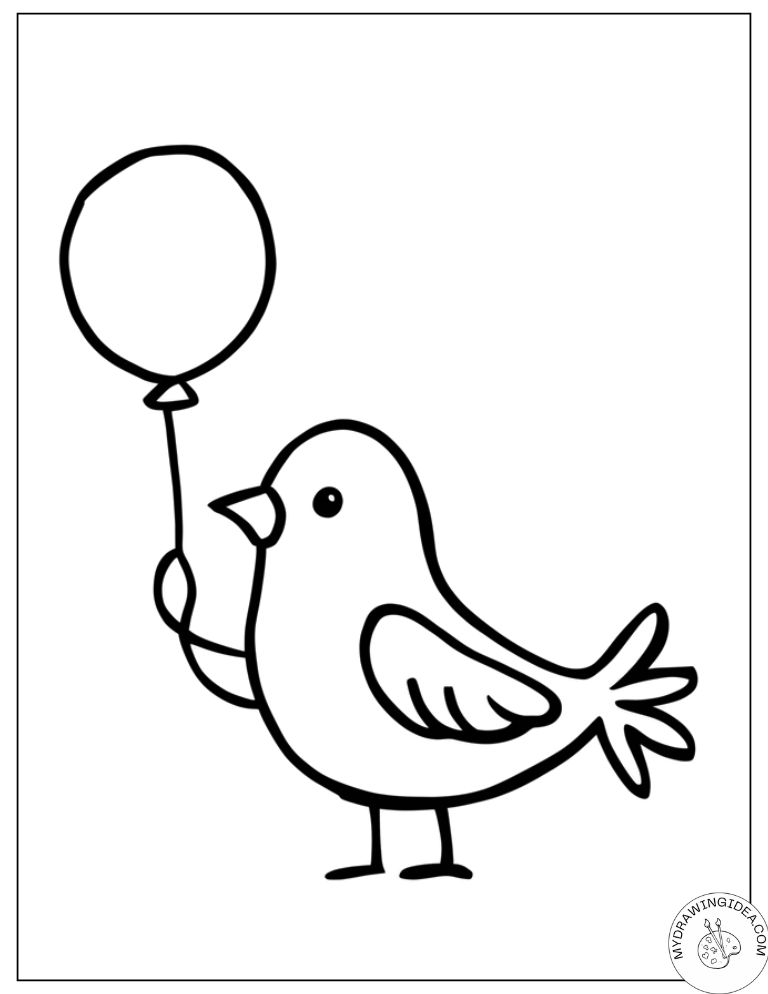 Happy Bird with Balloon – Printable Coloring Pages Birds for Toddlers