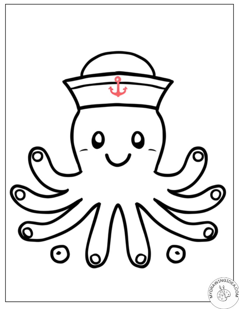 Adorable Sailor Octopus with Captain's Hat - Free Coloring Pages Octopus