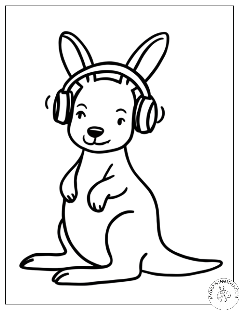 Cool Kangaroo Listening to Music - Free Kangaroo Coloring Page