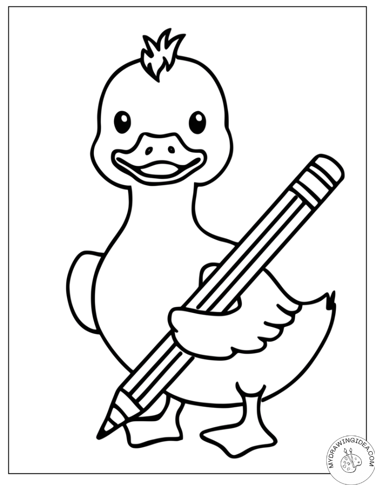 Doodle-Ready Duck with Pencil – Free Duck Coloring Pages for Kids