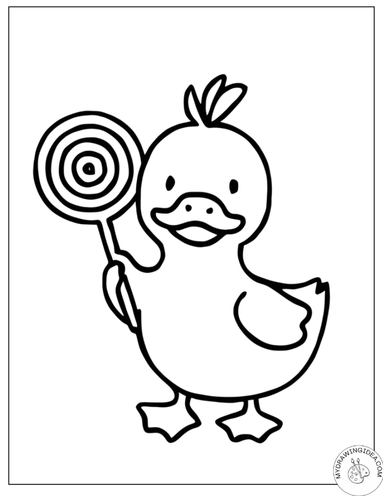 Duck's Colorful Lollipop Treat - Free Duck Coloring Pages