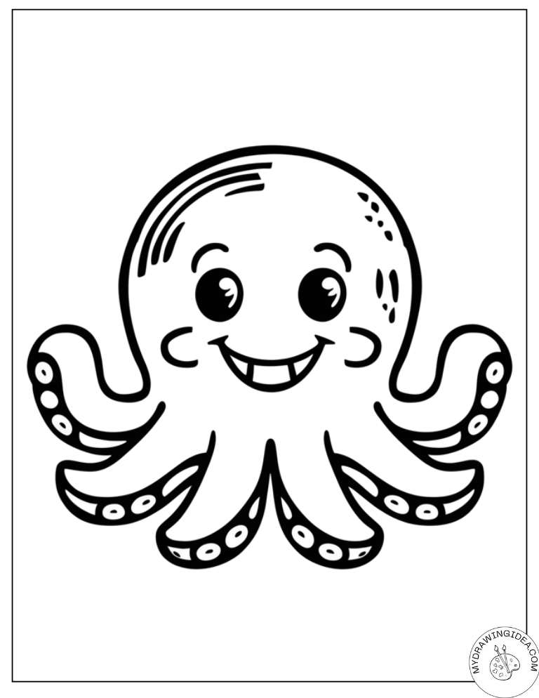 Joyful Smiling Octopus with Big Eyes - Octopus Coloring Pages Printable